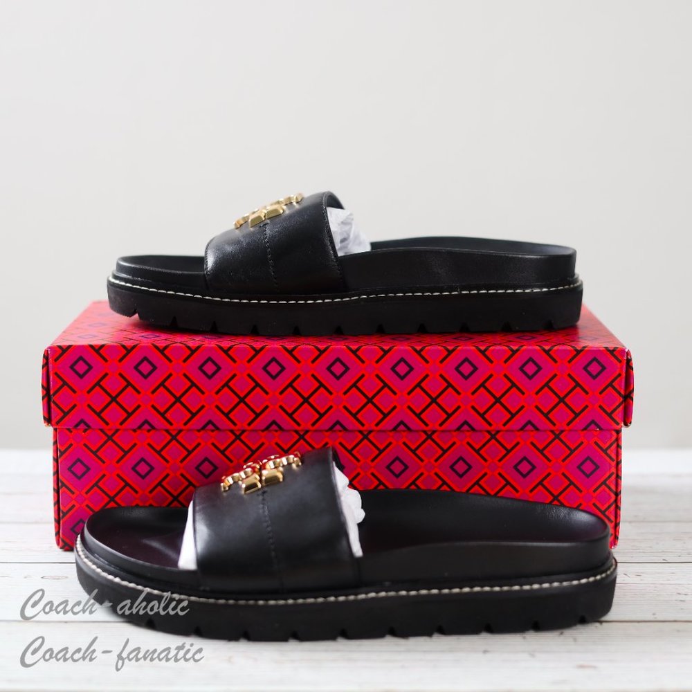 NIB Tory Burch Everly Anatomic Lug Nappa Leather Slide Sandal Size 8 in Black - Picture 8 of 10
